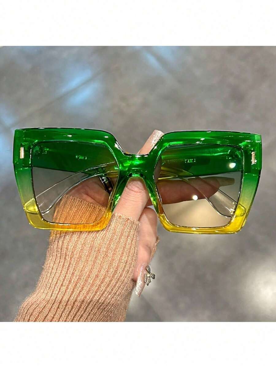 Large Square Fashion Glasses Unisex - Gradient Green Yellow Lenses, Lightweight Design Suitable Summer Parties And Events, Casual Glasses, Simple Fashion Style BSWN - 紫色的 - 查看 1