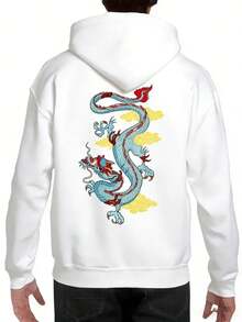 Men's Red Dragon Pattern Hoodie - Casual Polyester Pullover - Grey - View 8