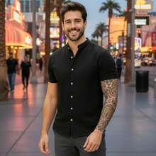 Men's Short-Sleeved Shirt With Mandarin Collar, Dressy And Basic, Premium Lightweight Soft Fabric, Ideal For Parties And Work - On - 黑色 - 查看 7