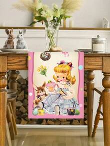 1pc Happy Easter Vintage Cartoon Girl Rabbit Egg Decorative Table Runner, Party Decoration Table Runner, Holiday Gathering Atmosphere Decor - Multicolor - View 5