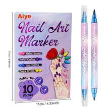 双头金属美甲涂鸦马克笔套装，速干，适用于抽象线条、花卉图案、鲜艳色彩 - DIY美甲工具绘图丙烯颜料笔防水美甲 - 10色 - 彩色 - 查看 2