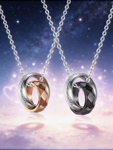 MONALLY 极简主义不锈钢情侣项链，刻有他黑色/她玫瑰金交缠戒指吊坠，周年纪念日/情人节礼物，送给男朋友/女朋友，情侣款 - 情侶項鍊 - 查看 3