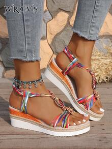 WRCVS Sandal nữ quai đan màu đỏ, phụ kiện du lịch thiết yếu, sandal đế bánh mì dày mùa hè, đế đan đính hạt thủ công họa tiết hoa ngẫu nhiên - Đỏ - Xem 6