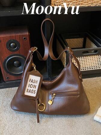 Women's Crescent Moon Shoulder Bag, Fashion Large Capacity Personalized Charm Accessory, Coffee Color Suitable For Shopping And Commuting