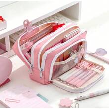 Big Capacity Pencil Case 3 Compartments Large Pencil Pouch Pen Bag Pencil Box Holder Organizer Simple Storage Aesthetic Stationery Cosmetic For Adults Men Women Office Essentials - 粉色 - 查看 2