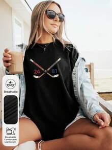 加大码女式休闲夏季冰球图案圆领短袖黑色T恤 - 黑色 - 查看 7