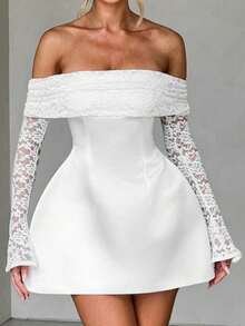 Sexy Off-Shoulder Mini Dress With Sheer Lace Sleeves, Suitable For Women's Evening Party, White Dress - White - View 10
