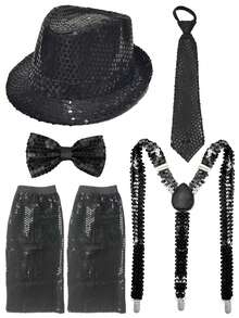 5件套 Forever & Moment 70年代成人角色扮演服装配饰套装，男女皆宜，包括亮片帽、领结、领带、吊带、腿套 - 适用于演唱会服装、迪斯科主题派对、经典流行巨星角色扮演舞蹈表演、情人节服装