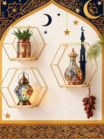 1 pieza Estantería de pared hexagonal, soporte para flores, estante de exhibición para sala de estar, dormitorio, estudio, baño, montado en la pared, estantería de almacenamiento decorativa de hierro para plantas, manualidades, libros, estantería de pared de varios tamaños