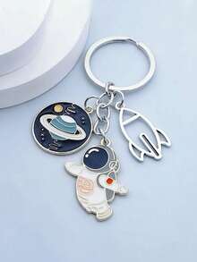 宇航员和火箭钥匙扣套装，锌合金太空主题钥匙扣，带行星和宇航员吊坠，时尚金属钥匙扣，适合天文爱好者，可作包包挂饰