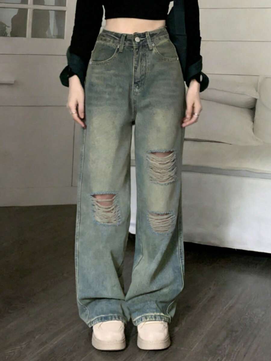 Quần jeans nữ ống rộng cạp cao rách túi, kiểu dáng mùa hè mới, phong cách thường ngày, mùa xuân. - Rửa trung bình - Xem 1