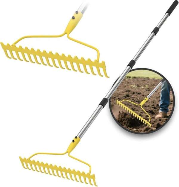 Rastrillos de jardín para césped de uso pesado, rastrillo de arco de 6 pies para hojas, rastrillo de 17 dientes de metal con mango de acero inoxidable para nivelar el jardín, paisajismo, aflojar el suelo, color amarillo
