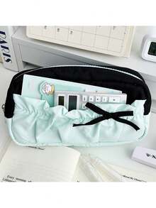 1个蓝色云朵吐司铅笔盒，蝴蝶结丝带铅笔袋，高品质学生大容量文具收纳袋 - 蝴蝶結 - 查看 2