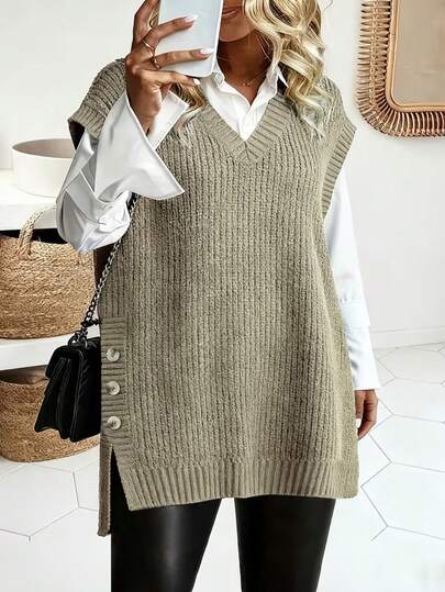 Plus Size Women Solid Color Knitted Ribbed Button Slit Sweater, Suitable For Daily Wear In All Seasons