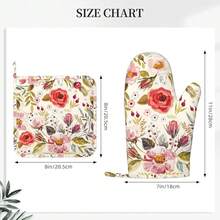 Wildflowers Floral Oven Mitts Pot Holders Set Silicone Heat Resistant Botanical Floral Oven Mitts And Hot Pads Potholders Non-Slip Oven Gloves For CooFKing BaFKing Grilling BBQ,RedGreenBeige - 紅綠米色 - 查看 4