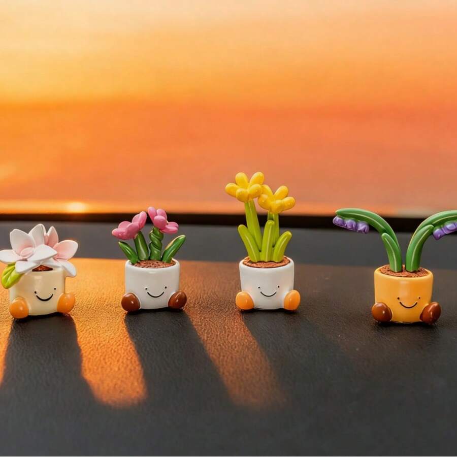 4pcs Mini Smiling Face Flower Pot Decor Set - Cute Small Potted Plant Accents For Car Dashboard, Home Desk, Office, And Room, Adorable Car Accessories Interior & Home Décor, Perfect Valentine's Day Gifts For Her, Him, Boyfriend, Women, Men, Sweet Desk Accesorries And Bedroom Furniture Decorations - 彩色 - 查看 1