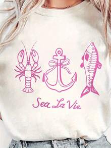 Womens Soft Short Sleeve T Shirt   Fisherman Design With Pink Lobster (2) - 黑色10 - 查看 1