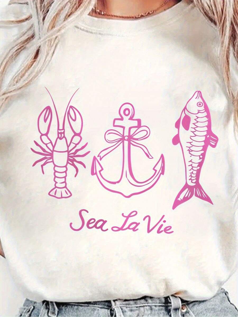Womens Soft Short Sleeve T Shirt   Fisherman Design With Pink Lobster (2) - 黑色10 - 查看 1