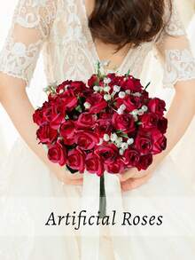 1/2束仿真丝玫瑰花束，11.8英寸假玫瑰，搭配满天星，适用于新娘捧花、周年纪念、婚礼装饰、花瓶装饰、餐桌摆饰及家居装饰、客厅/卧室装饰、情人节派对装饰 - 彩色 - 查看 6