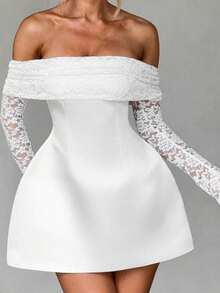 Sexy Off-Shoulder Mini Dress With Sheer Lace Sleeves, Suitable For Women's Evening Party, White Dress - White - View 6
