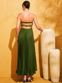 LOVE&LEMONADE Green Strapless Backless Elastic Waist Hollow Out Pleated A-Line Dress, Summer - Green - View 7