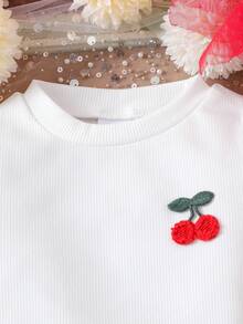 两件套女婴优雅学院风白色短袖T恤+红色裙子套装，轻薄夏季款 - 紅色 - 查看 4