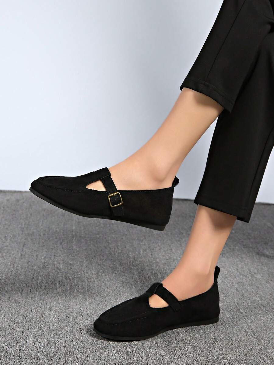 Zapatos tipo Mary Jane estilo japonés para mujer, mocasines planos de punta cuadrada y fácil de poner, versátiles para primavera y otoño - Negro - Ver 1