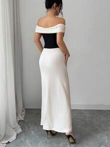 女士黑白无袖修身连衣裙，优雅针织露肩褶皱长款铅笔裙，适合派对穿着 - 彩色 - 查看 4