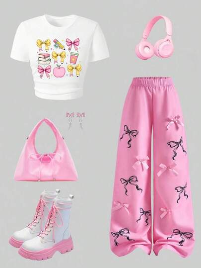 Youth Girl Cartoon Print Short Sleeve Top And Bow Decorated Long Pants Set