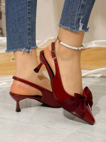 2026 New Women's Pointed Toe Slingback High Heel Pumps, Solid Color Glossy Bowknot Elegant Dress Shoes, Spring/Summer - Burgundy - View 5
