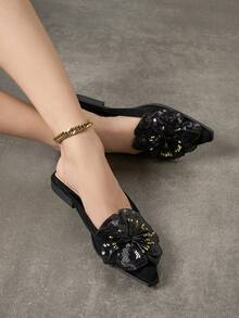 Women's Fashion Faux Flower Slip-On Shoes, Mules, Outdoor Closed Toe Slides, Suitable For All Seasons - Black - View 5