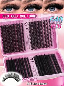 640 Eyelash Clusters, 10D+20D+30D+40D/50D+60D+80D+100D, D-Roll 8-16 Mixed Single Eyelash, DIY False Eyelashes, Soft 3D Fluffy Eyelash Curler, Home DIY Comic Eyelash Curle - D - View 10