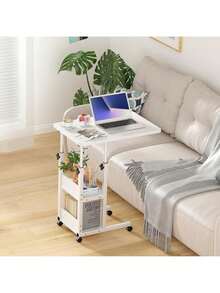 Mesa Multifuncional Ajustable en Altura con Ruedas y 3 Estantes - Laptop/Reunión/Jardín - Blanco - Ver 1