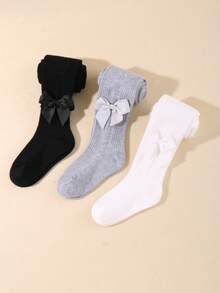 3条/包 随机颜色 新生女婴连裤袜，带缎带蝴蝶结，婴儿无缝纯色针织打底裤，连裤袜，适合校服和日常穿着 - 彩色 - 查看 4