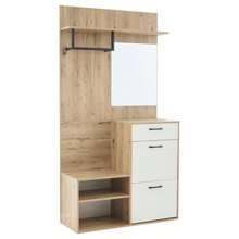 100*38.5*190cm Wardrobe Set With Mirror, Shoe Bench, Shoe Cabinet, Hallway Cabinet, Wall-Mounted Shelf Unit, Compact Wardrobe, With 1 Drawer And 2 Cabinets, Ample Storage Space, White + Original Wood Color