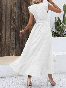 Women Summer Maxi Dress Swiss Dot V Neck Ruffle Cap Sleeve Tie Waist Wrap Ruffle Split Hem Long Dress Bohemia Boho Beach Holiday Vacation Valentine Flowy Long Midi Dress Outfits - 白色 - 查看 2