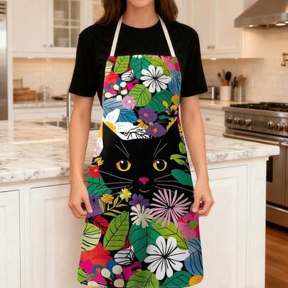 1pc Cat Pattern Printed Apron, 100% Polyester, Sleeveless, Neck Strap Design, Suitable For Cooking, Baking And Entertainment, Great For Home Kitchen, Parties, Outdoor BBQ, Baking Apron | Vibrant Apron | Polyester Apron | Printed Apron