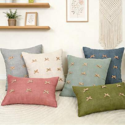 1 件复古纯色枕套（不含枕芯），蝴蝶结装饰，农舍波西米亚风，客厅沙发，日常派对节日家居纺织品装饰