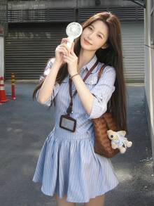 Casual Commuter Striped Front Button Waist Cinched Dress - Blue - View 13