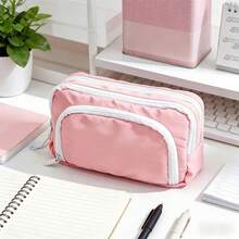 Big Capacity Pencil Case 3 Compartments Large Pencil Pouch Pen Bag Pencil Box Holder Organizer Simple Storage Aesthetic Stationery Cosmetic For Adults Men Women Office Essentials - 粉色 - 查看 5
