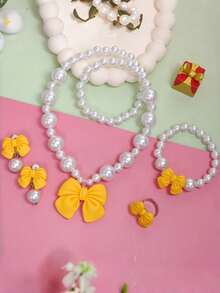5pcs/Set Girls' Cute Bowknot & Faux Pearl Jewelry Set, Including Necklace, Bracelet, Earrings And Ring, Elegant Princess Style Gift, Suitable For Daily Wear, Birthday, Holiday, Back To School