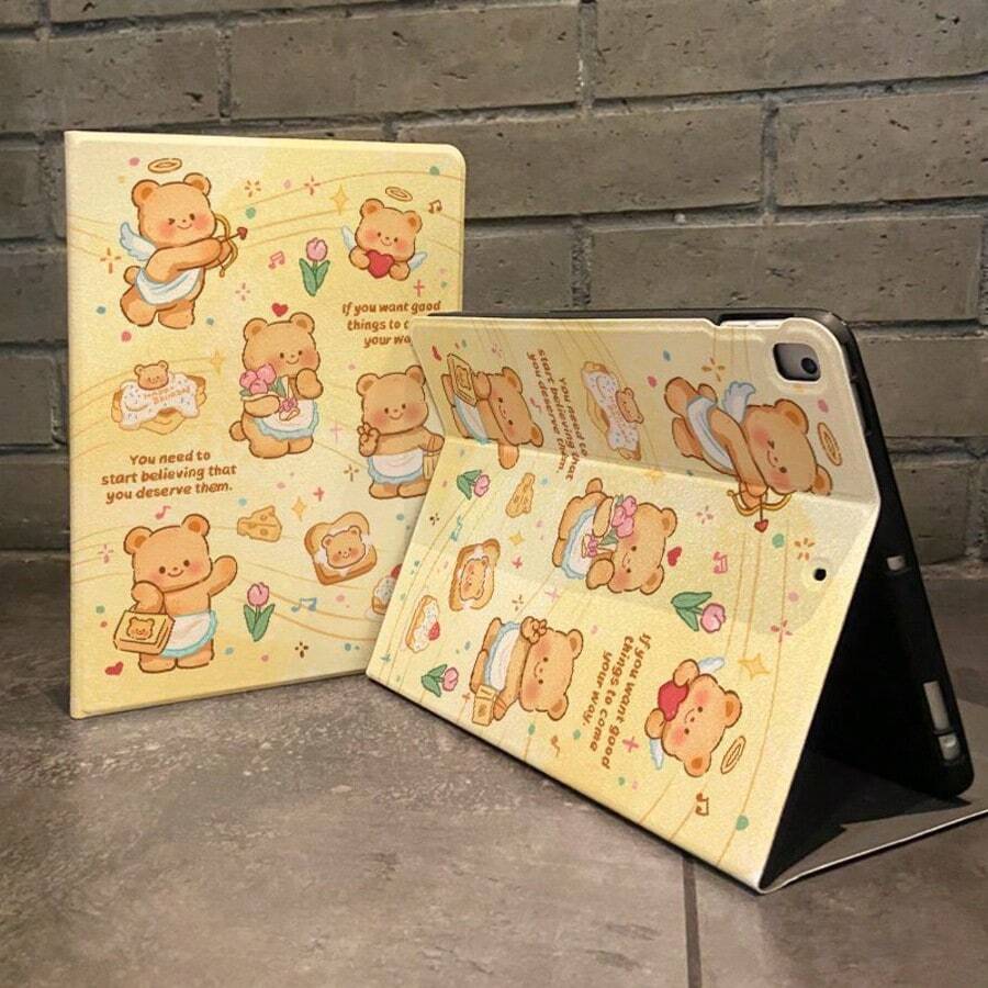 1pc Cute Cartoon Butter Bear Tablet Protective Case For 11 2025/Air 7 2025/10.9/Air4/5/6/10.2/Pro 11/10th/9.7/10.5, Sleep/Wake Function - Black - View 1