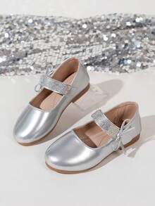 Simple Shiny Elegant Thin Bow Tie Girls' Silver Comfortable Dance Shoes, Suitable For Daily, School, Party, Wedding, Outdoor Gathering, Children's Casual Slip-On Round Toe Patent Leather Flat Shoes - Silver - View 2