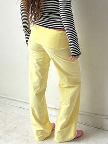 Fold Over Yoga Pants For Women Y2k Solid Color Low Rise Flared Leg Pants Stretchy Wide Leg Bell Bottoms Bootcut Trousers Loose Gym Workout Lounge Leggings - 黃色 - 查看 6