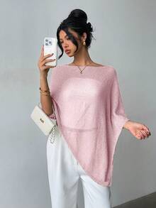 时尚优雅的超大针织披肩开衫，女士款，宽松版型，轻盈舒适，非常别致，适合春夏日常穿着、休闲旅行、海滩度假，百搭粉色 - 粉色 - 查看 2