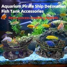 树脂海盗船残骸装饰品 - 水族箱景观配件，适用于淡水和海水鱼缸 - A - 查看 9