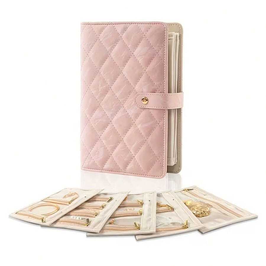 Organizador de joyas en forma de corazón con cierre transparente, múltiples compartimentos para anillos, pendientes y collares, elegante piel sintética beige con detalles dorados. Ideal como regalo de San Valentín o para regalar a familiares y amigos.