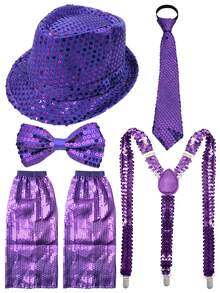 5件套 Forever & Moment 70年代成人角色扮演服装配饰套装，男女皆宜，包括亮片帽、领结、领带、吊带、腿套 - 适用于演唱会服装、迪斯科主题派对、经典流行巨星角色扮演舞蹈表演、情人节服装