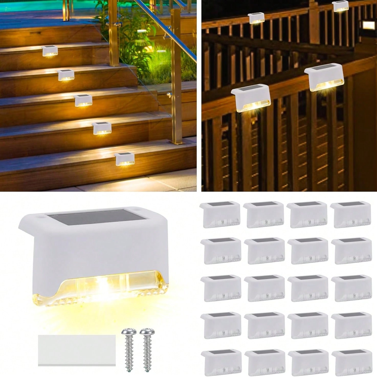 4/16pcs Solar Powered Deck Lights, Waterproof Outdoor Decorative Lights, Solar Garden Lights, Outdoor Fence Lights, Solar Stair Lights, Warm White LED Lights, Suitable For Outdoor Stairs, Steps, Fences, Gardens, Balconies, Patios And Pathways (White), Great For Halloween, Christmas, Thanksgiving Gifts