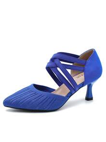 MAIERNISI JESSI Women's Low Kitten Heels Knit Pumps Elastic Crisscross Ankle Strap Slip On Dress Shoes - Royal Blue - View 12